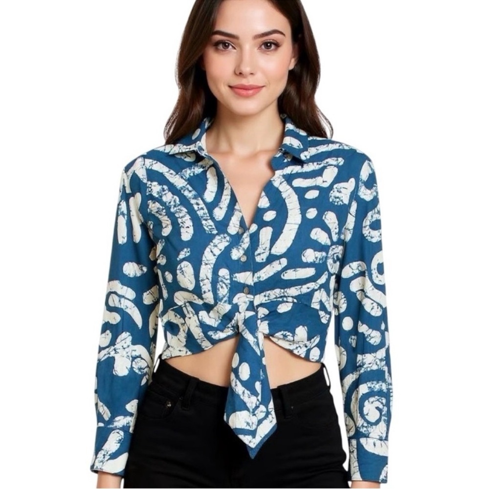 Haute Hippie Anthropologie Tie Front Shirt Linen Blend Blue Abstract S